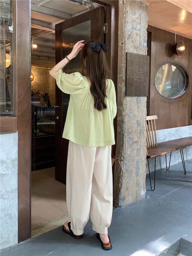 Bộ Áo Cổ Vuông Ngắn Tay + Quần Ống Rộng Thời Trang Hàn Quốc 64702