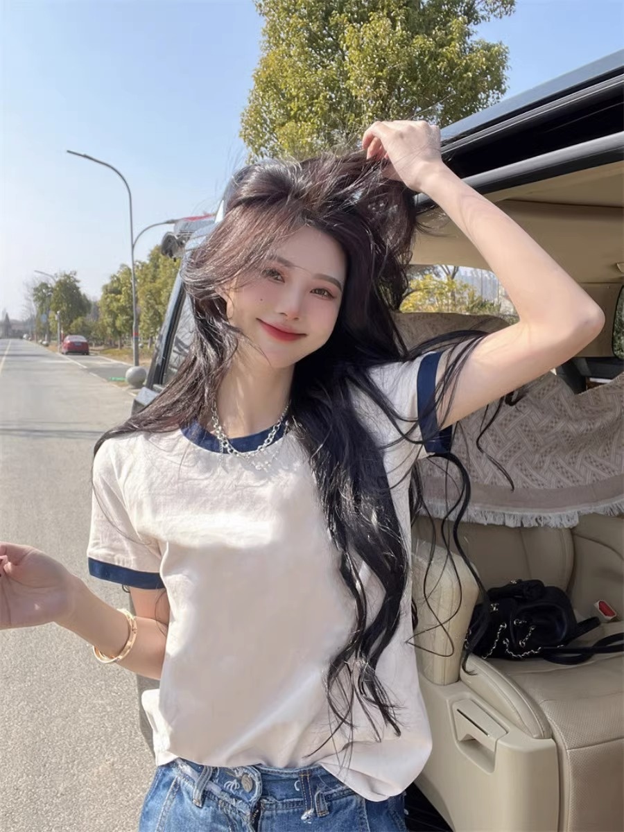 Áo Thun Tay Ngắn Dáng Rộng Màu Sắc Tương Phản Phong Cách Hàn Quốc Thời Trang Mùa Hè Cho Nữ