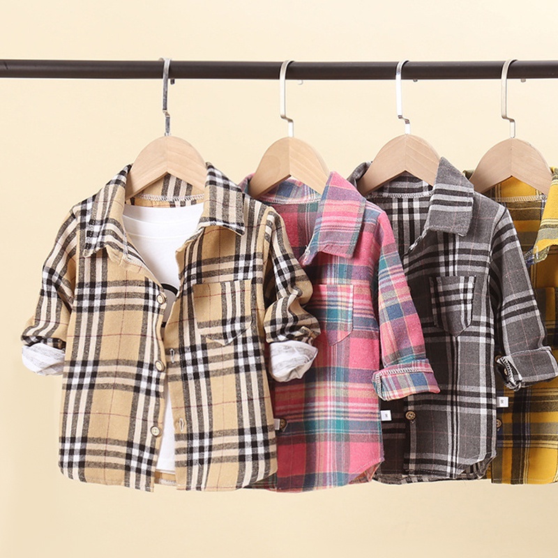 Ready stocks 2-8y trẻ em áo sơ mi kẻ sọc kiểm tra polo cotton dài tay thời trang hàn quốc áo sơ mi mùa xuân cho bé trai và bé gái