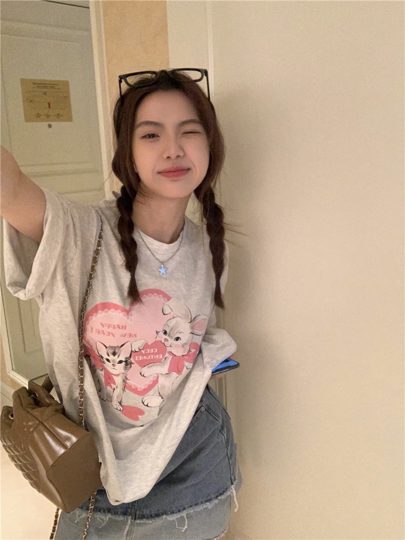 Áo Thun Cotton Nguyên Chất Dáng Rộng Ngắn Tay In Hình Dễ Thương 62315