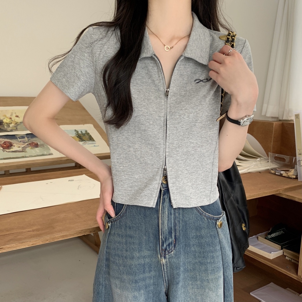 Áo Thun polo Khóa Kéo Đôi Ngắn Tay Thời Trang Nữ 64095