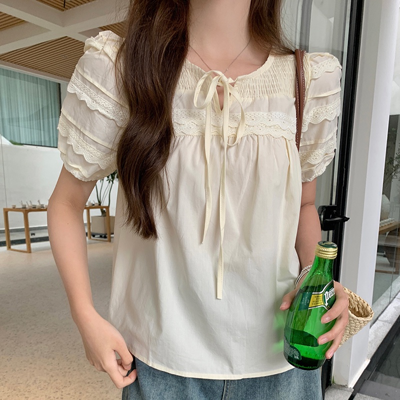 64318 Phong Cách Mới Áo Ngắn Tay Phối Ren