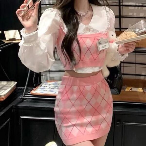 Váy Jmshop , Áo Khoác Dệt Kim+ Váy,  Phong Cách Học Viện, trẻ trung, váy nữ