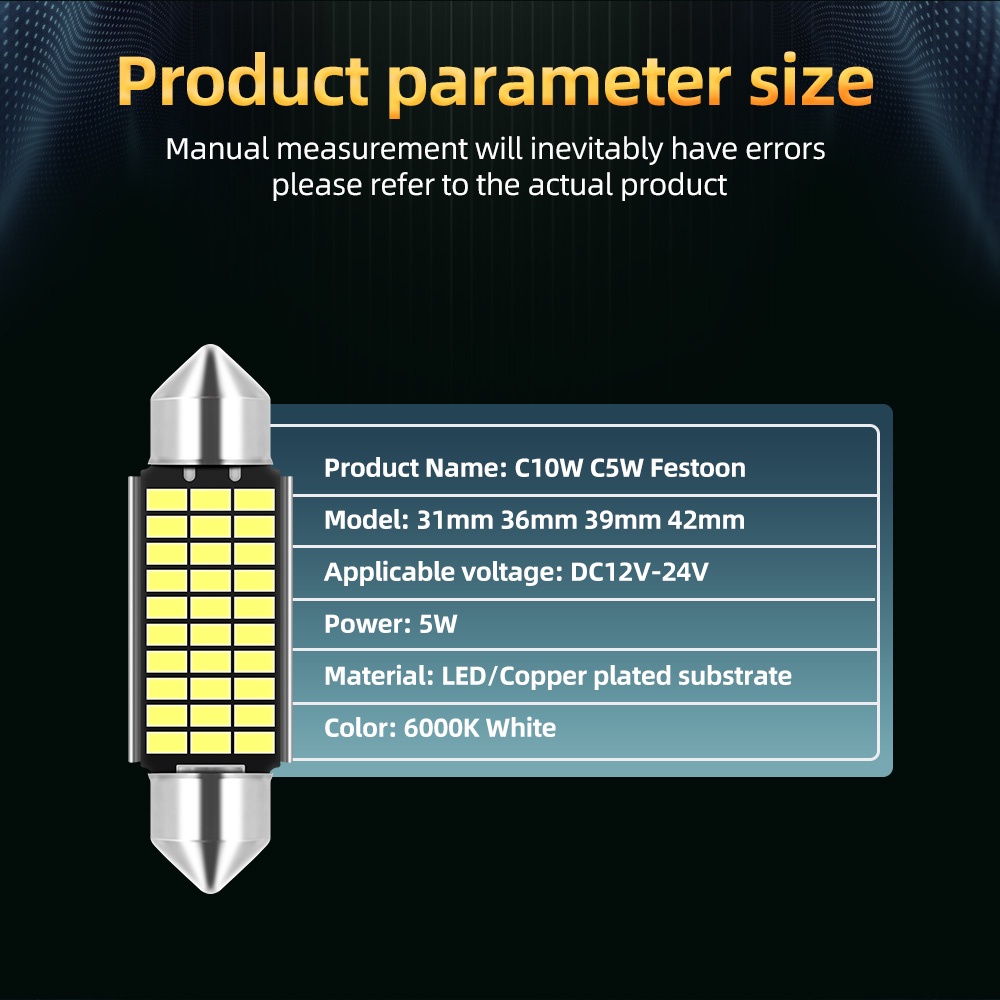 Set 2 Đèn LED Canbus Festoon C10W C5W 31mm 36mm 39mm 42mm Ánh Sáng Trắng 6000K Dành Cho Ô Tô