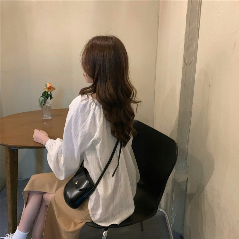 Áo Sơ Mi Trắng Cổ V Dáng Rộng Họa Tiết Kẻ Sọc Đơn Giản Phong Cách Retro Pháp 62023