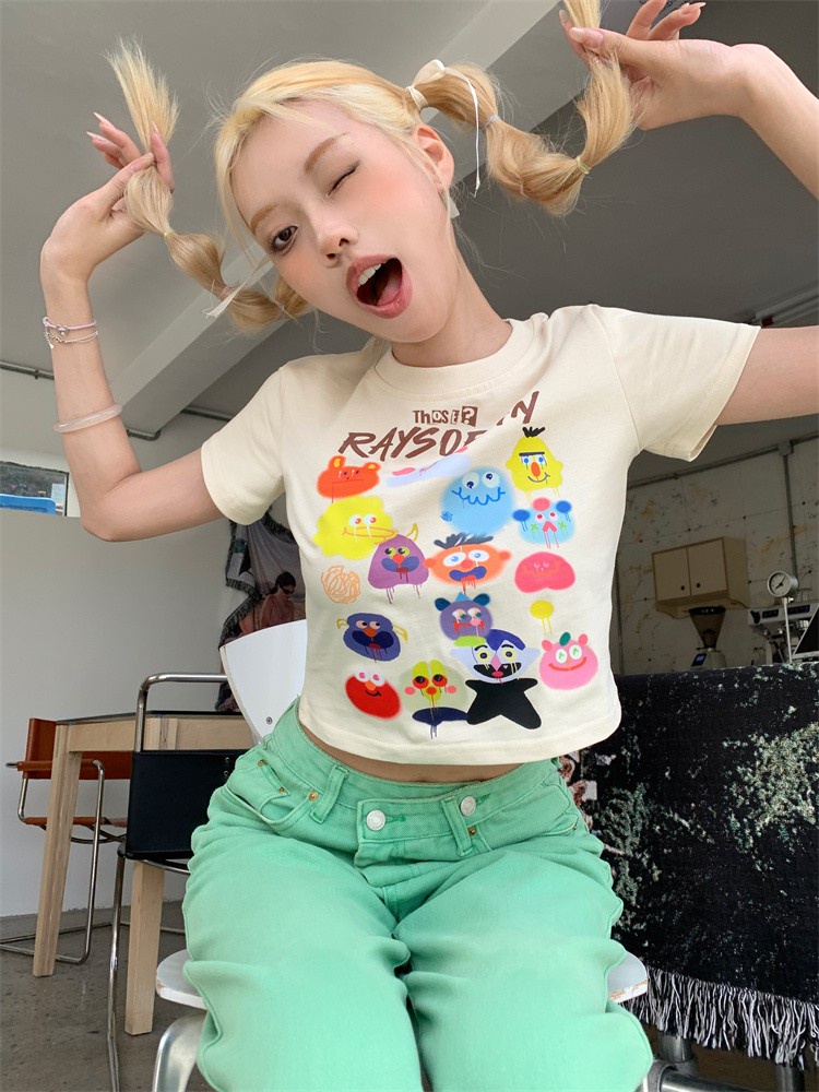 Áo Thun Cotton Dáng Ôm Ngắn Tay In Hoạt Hình Thời Trang Mùa Hè Năng Động 63082