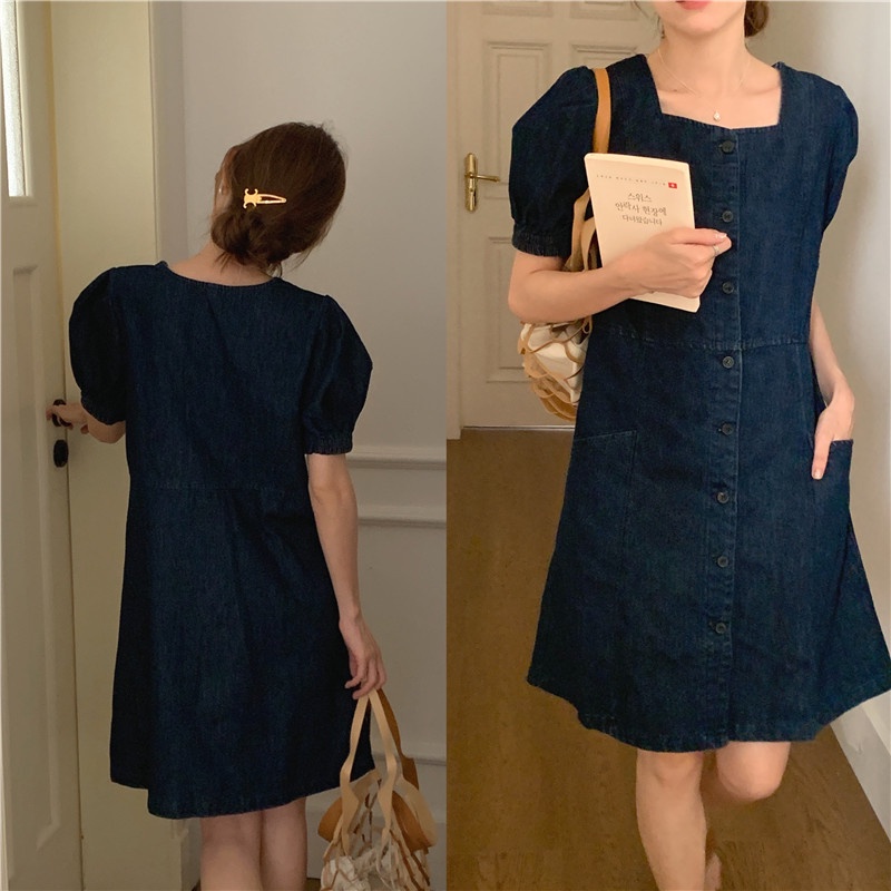 Đầm Denim Cổ Vuông Ngắn Tay Phối Hàng Nút Đơn Giản Phong Cách Retro 64721