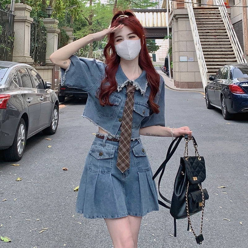 Set Áo Khoác denim Và Chân Váy Phong Cách Cổ Điển Thanh Lịch Dành Cho Nữ