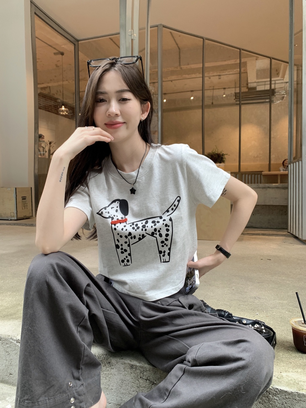 Áo Thun Cotton Ngắn Tay In Họa Tiết Chú Chó Đốm Phong Cách Hàn Quốc Thời Trang Mùa Hè 64528