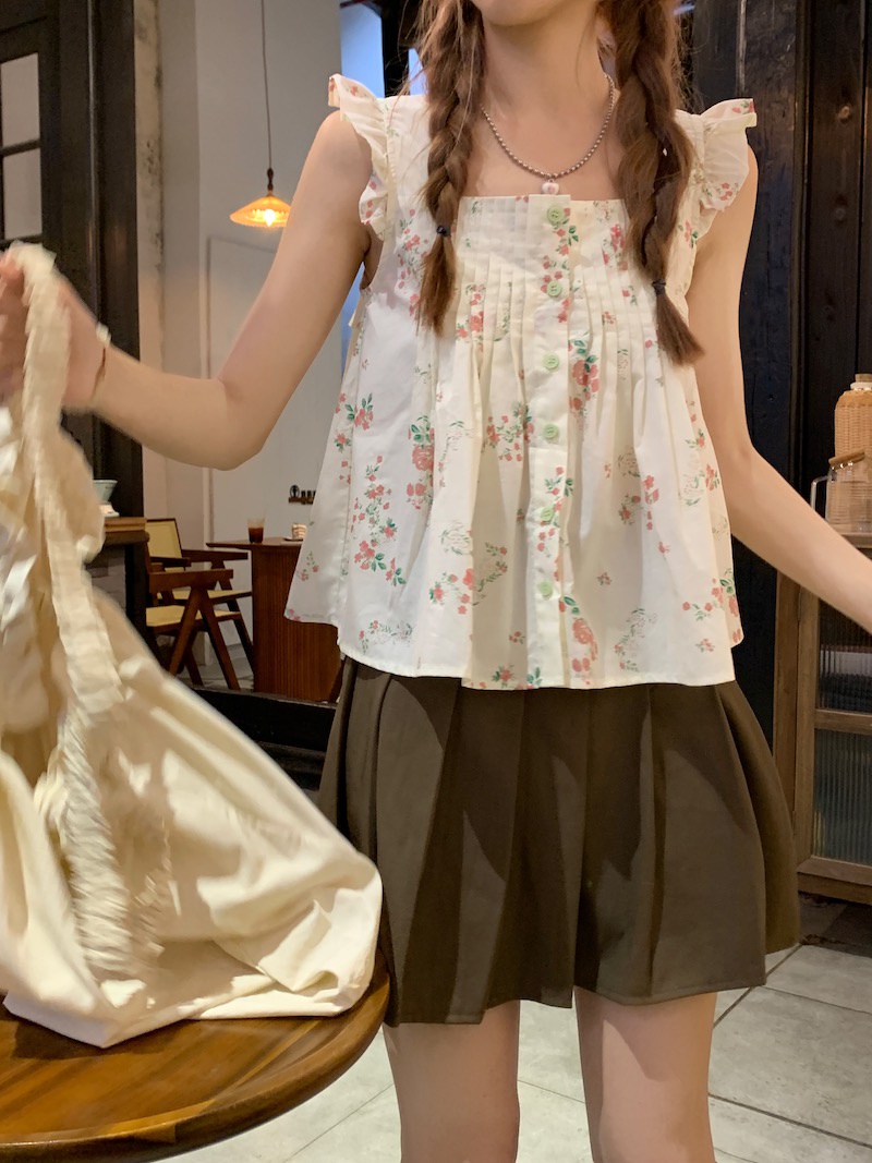 Áo Hoa Cổ Vuông Xếp Nếp Tay Phồng Thời Trang Pháp Quý Phái 64794