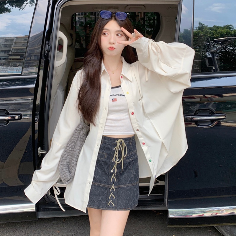 Misssumey nữ hàn quốc nút màu dài tay áo sơ mi ngoại cỡ
