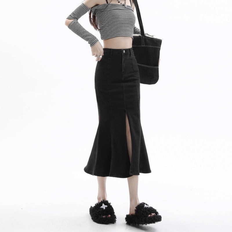 Chân Váy Denim Đuôi Cá Lưng  RENJIANVSHENG Cao Thời Trang Dành Cho Nữ