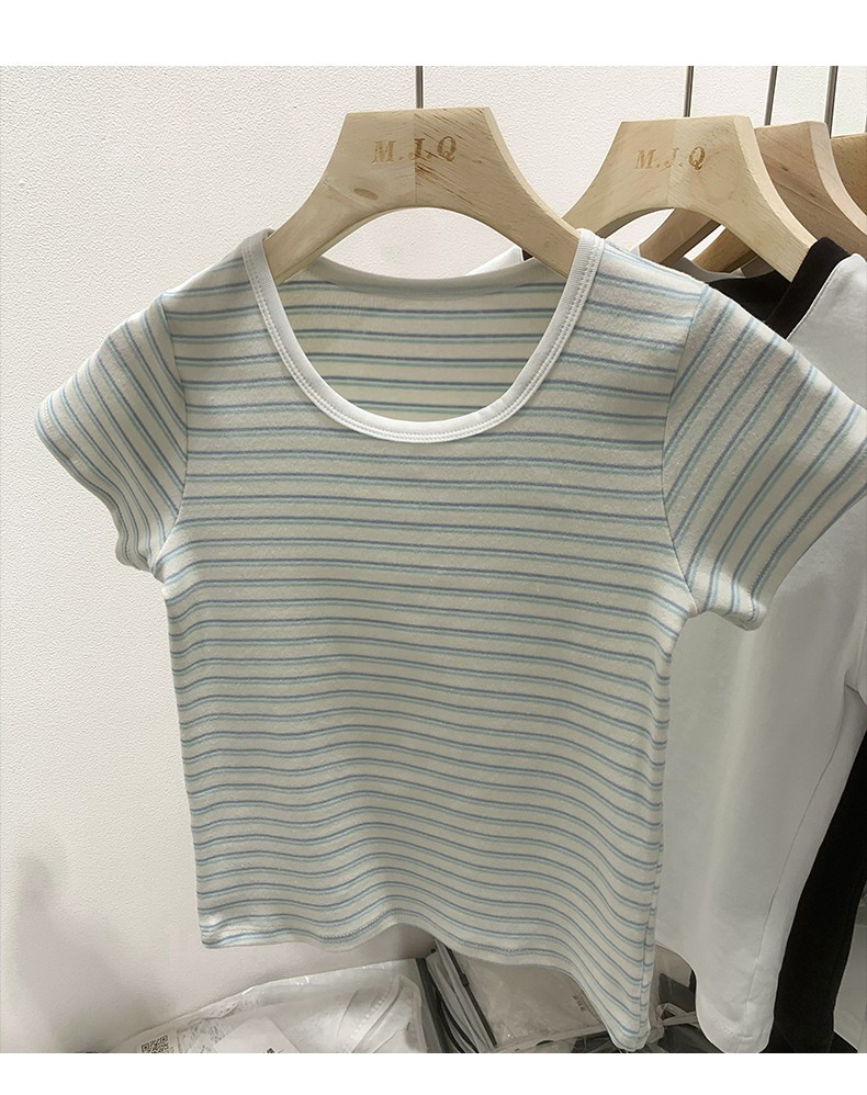 Áo Thun Kẻ Sọc Cổ Tròn Dáng Ôm Ngắn Tay Thời Trang Mùa Hè Mỹ Cá Tính 64423