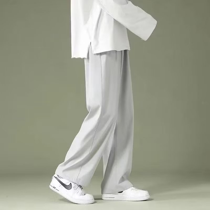 Quần Dài Vải Lụa Lạnh Mỏng Dáng Rộng Màu Đen Thời Trang Xuân Thu Cho Nam