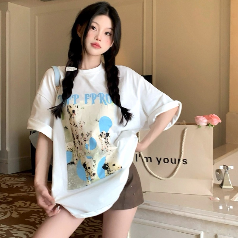 Áo Thun Ngắn Tay Dáng Rộng In Hình Chú Cún Kiểu vintage Thời Trang Mùa Hè Cho Nữ