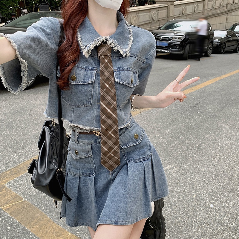 Set Áo Khoác denim Và Chân Váy Phong Cách Cổ Điển Thanh Lịch Dành Cho Nữ