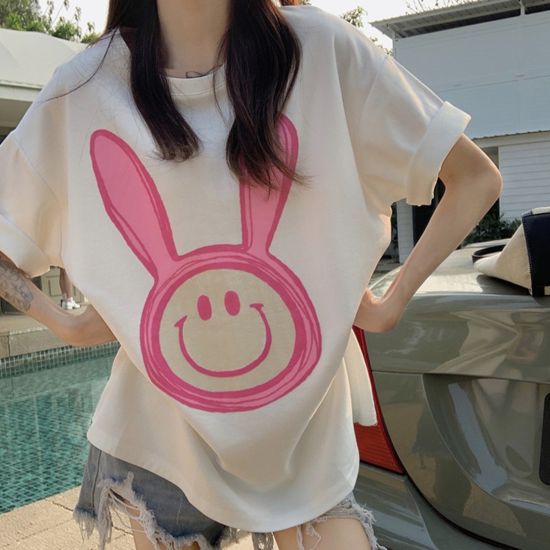 Áo Thun cotton Dáng Rộng In Họa Tiết Thỏ Hoạt Hình Xinh Xắn Thời Trang Mùa Hè Cho Nữ