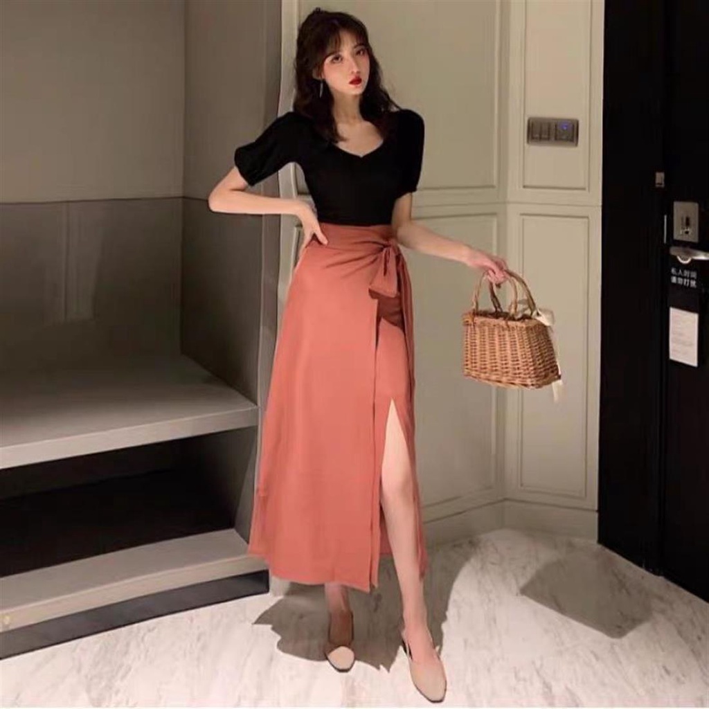 Phong cách nhẹ nhàng mới váy dài kiểu Pháp thắt eo giảm béo khí chất nữ thần quạt bộ đồ hai mảnh mùa hè