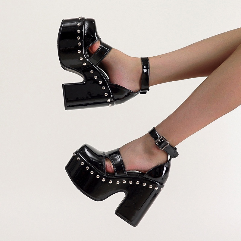 Giày Sandal Cao Gót 13CM Bằng Da Bóng Đế Xuồng Dày 34-43 Chống Nước Đinh Tán Rỗng Gắn Đinh Tán Cho Xe Mô Tô