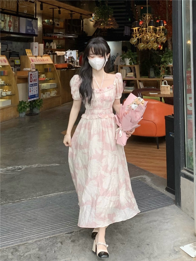 Váy Dài Một Mảnh Cổ Vuông Màu Hồng Thuần Khiết Hẹp Eo Sang Trọng Mùa Hè Cho Nữ