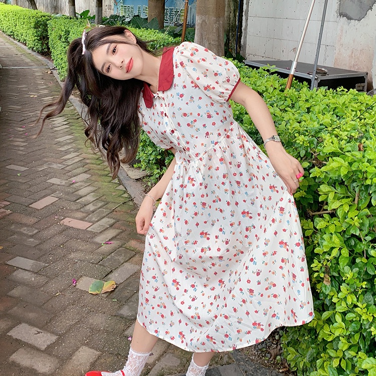 Mới Đầm MIDI Cột Dây Eo Họa Tiết Hoa Nhỏ Màu Tương Phản Xinh Xắn Thời Trang Cho Nữ