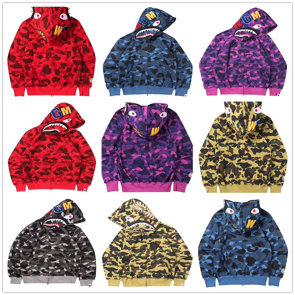 Áo Khoác hoodie bape Họa Tiết Rằn Ri In Hình Cá Mập Thời Trang Đường Phố Cho Nam Và Nữ