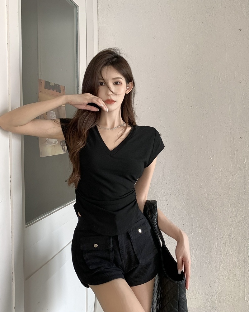 Áo Thun Ngắn Tay Cổ Chữ V Thiết Kế Dây Rút Xếp Ly Thời Trang