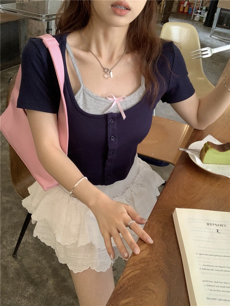 Áo Thun Ngắn Tay Phối Màu Tương Phản Giả Hai Lớp Phong Cách Mới 65711