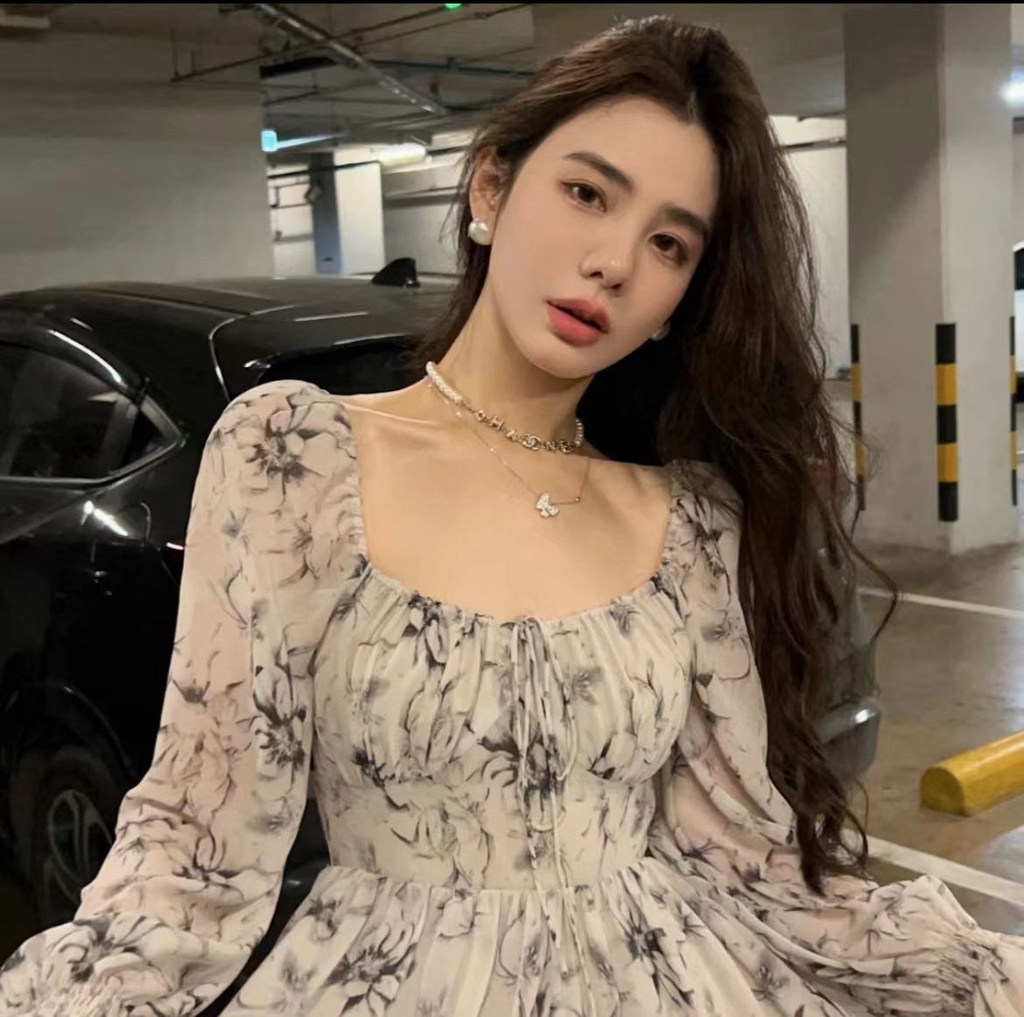 𝐘𝐮𝐬𝐡𝐨𝐩 2023 Mùa xuân và mùa hè mới eo cao che bụng mực hoa chiffon đầm khí chất nhỏ thiết kế váy siêu tiên