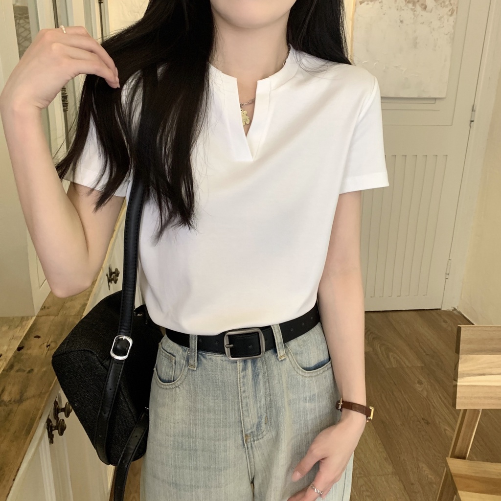 Áo Thun Cotton Ngắn Tay Cổ Nửa Phong Cách Hàn Quốc Đơn Giản Thời Trang Mùa Hè 66403