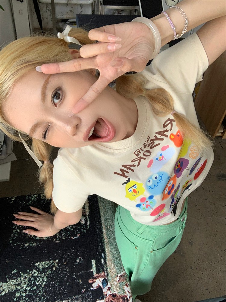 Áo Thun Cotton Dáng Ôm Ngắn Tay In Hoạt Hình Thời Trang Mùa Hè Năng Động 63082