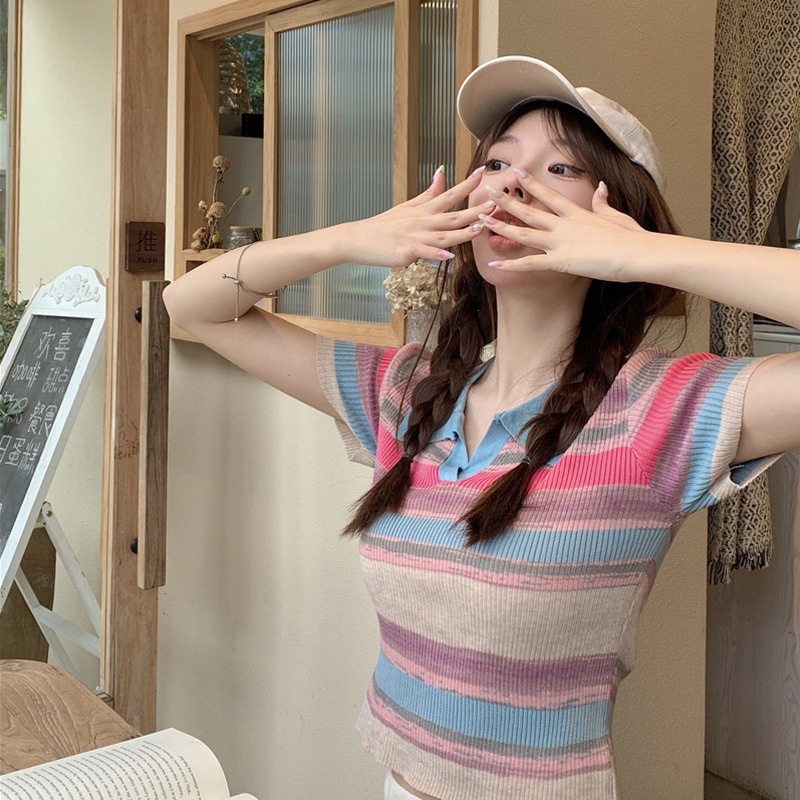 Áo polo Dệt Kim Kẻ Sọc Màu Sắc Cầu Vồng Xinh Xắn Cho Nữ