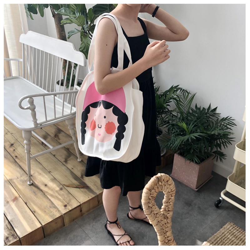 Túi Xách Canvas Dáng Vuông In Họa Tiết Dễ Thương