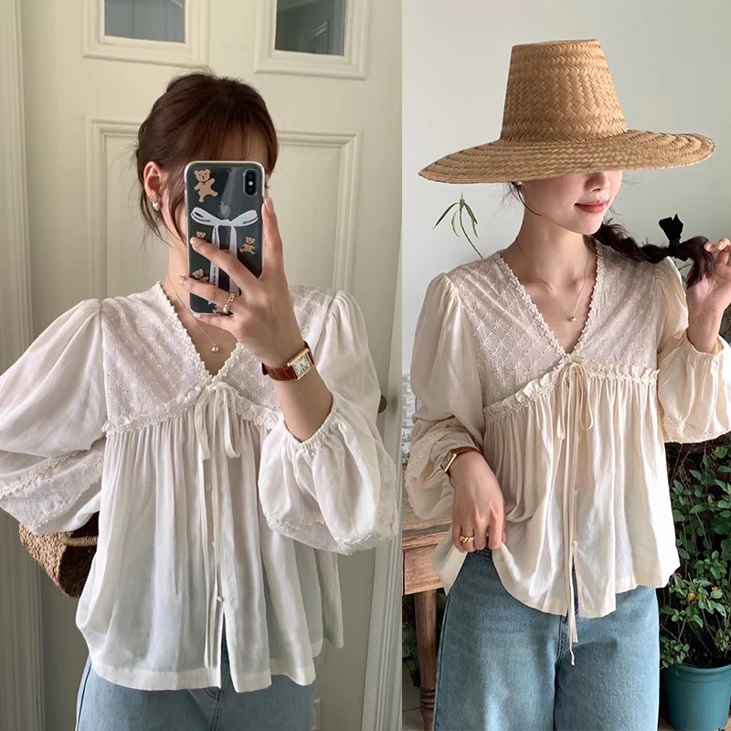 Áo Sơ Mi Cổ V Dài Tay Phong Cách Retro Sành Điệu 66076