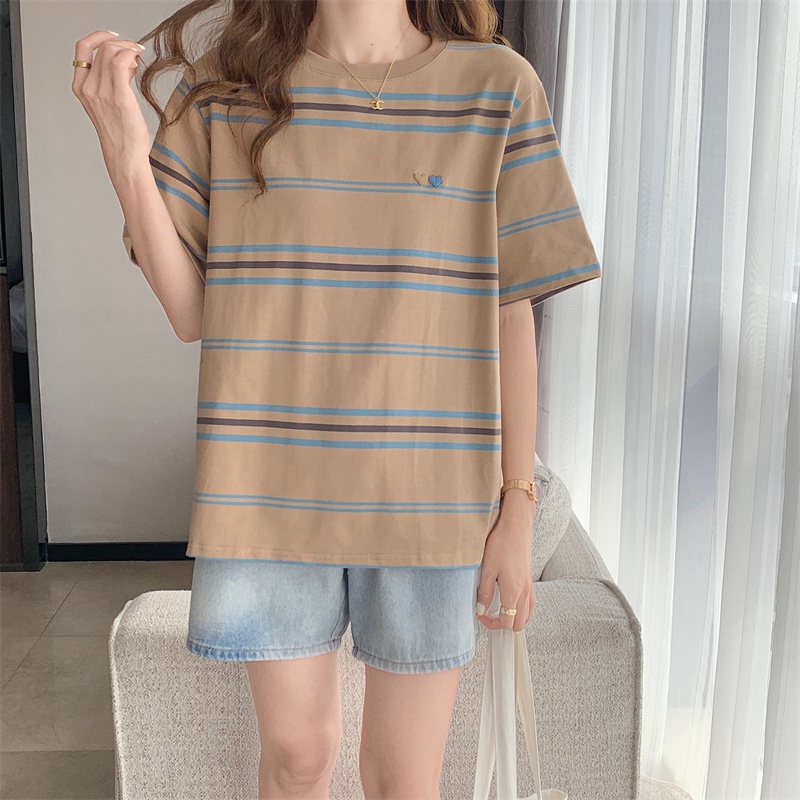 Áo Thun Tay Ngắn Cổ Tròn Thêu Họa Tiết Trái Tim Phối Màu Tương Phản Thời Trang Xuân Hè Hàng Mới 63972