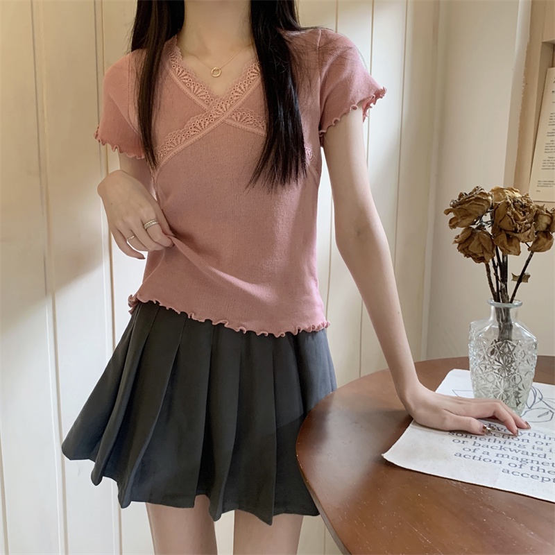 Áo Thun Nữ Cổ Chữ v Viền Ren Phong Cách Mới Mùa Hè 64030