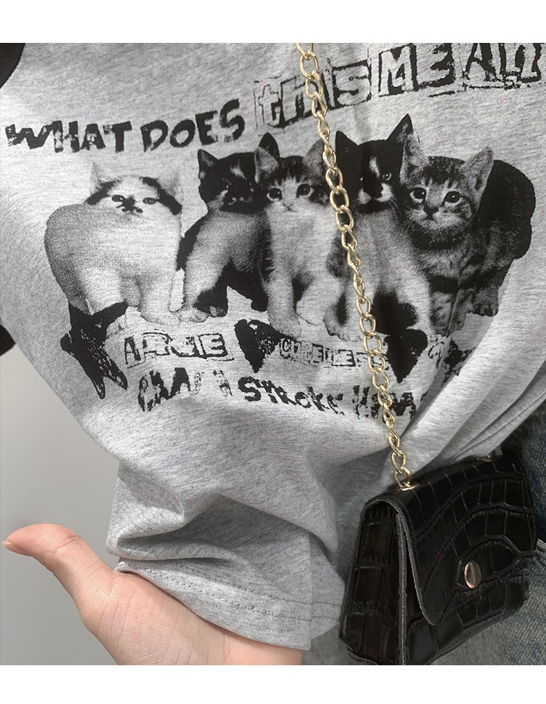 Áo Thun Tay Lửng In Họa Tiết Màu Sắc Tương Phản Phong Cách Retro Mỹ Thời Trang Mùa Hè 646