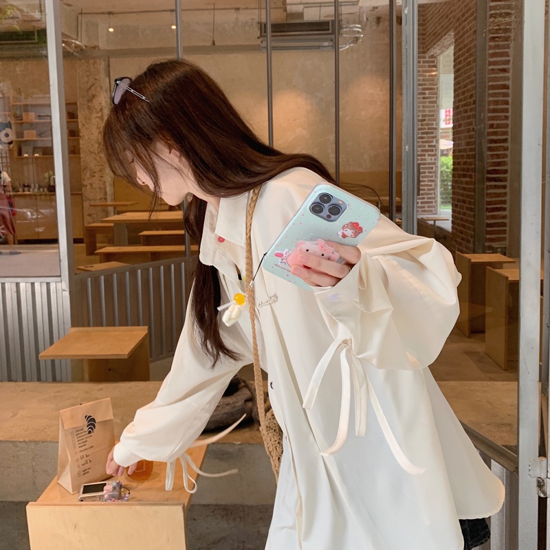 Misssumey nữ hàn quốc nút màu dài tay áo sơ mi ngoại cỡ