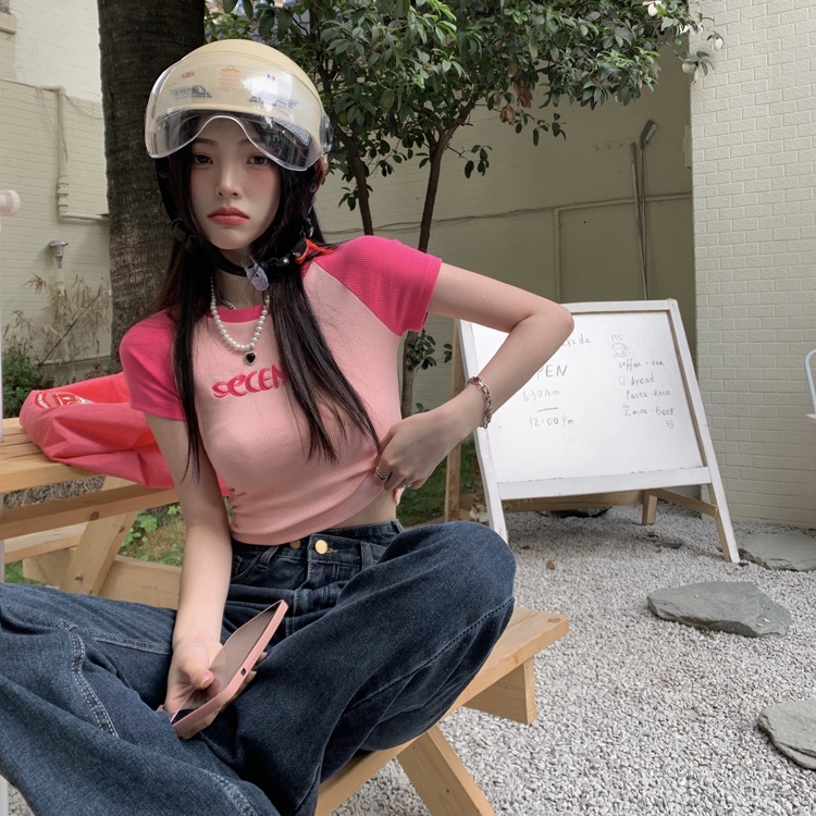 Áo Thun Tay Ngắn Dáng Ôm Thêu Chữ Phối Màu Sắc Tương Phản Thời Trang Xinh Xắn