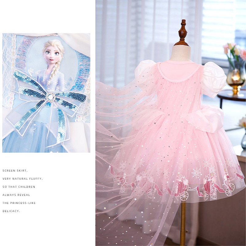Đầm Công Chúa Elsa Phối Lưới Đính Kim Sa Kèm Áo Choàng Thời Trang Cho Bé Gái