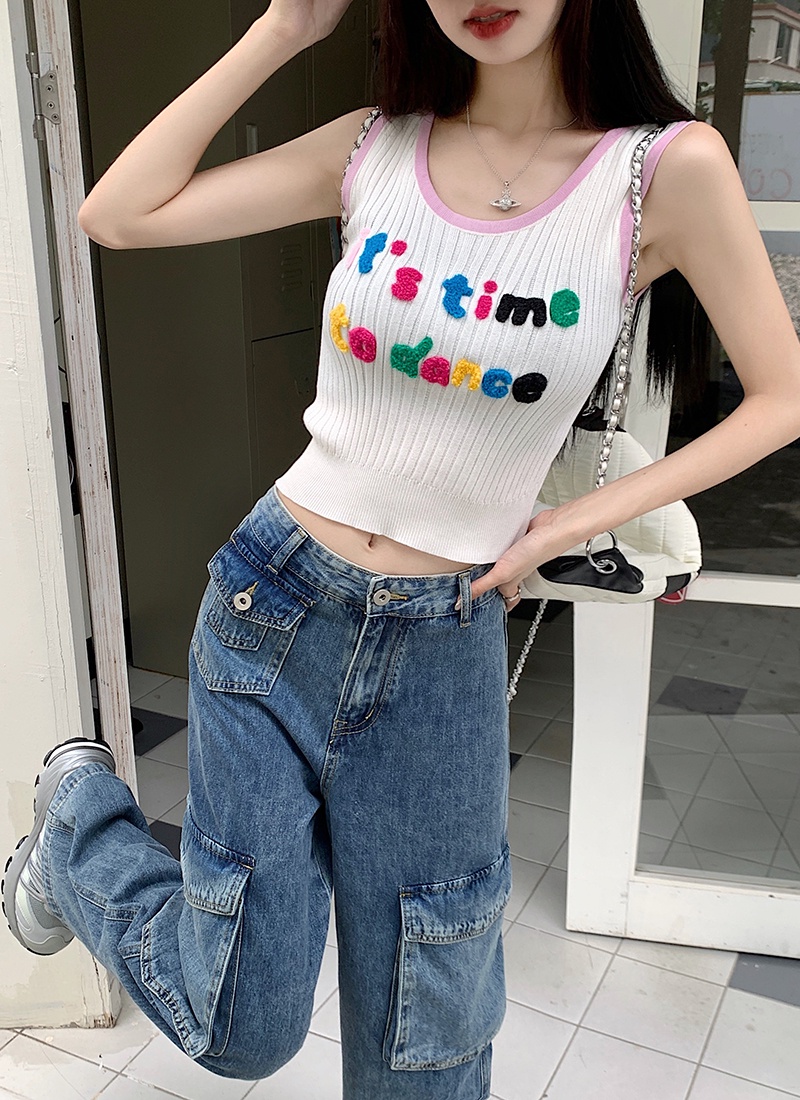 Áo Hai Dây Dệt Kim Ngắn / Quần Jean Ống Rộng Phong Cách Mới Mùa Hè 65886