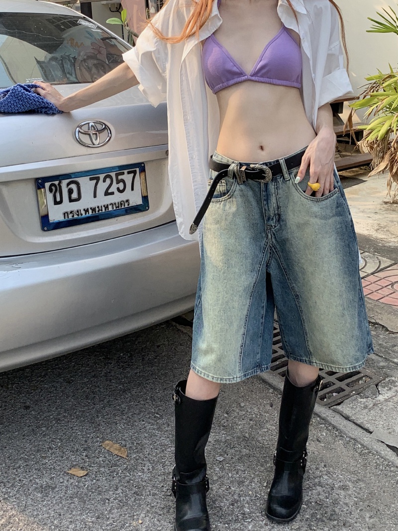 Quần Short denim Màu gradient Phong Cách retro Thời Trang Cho Nữ