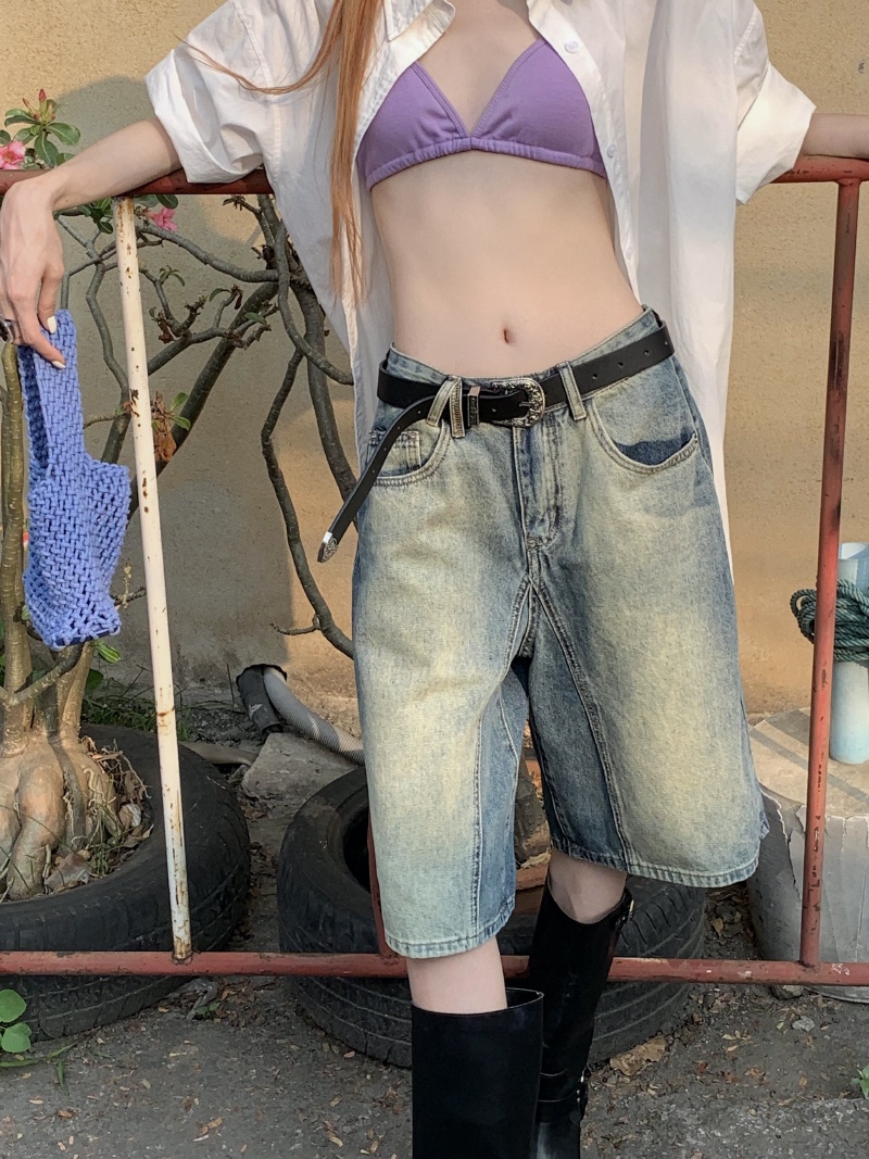 Quần Short denim Màu gradient Phong Cách retro Thời Trang Cho Nữ