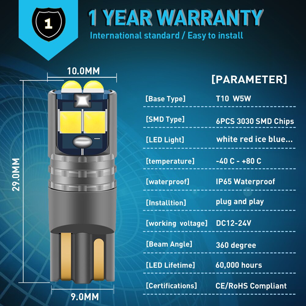 Set 2 Đèn Led W5W T10 3030 SMD 6000K 168 194 5w5 Ánh Sáng Cam Gắn Biển Số Xe Ô Tô
