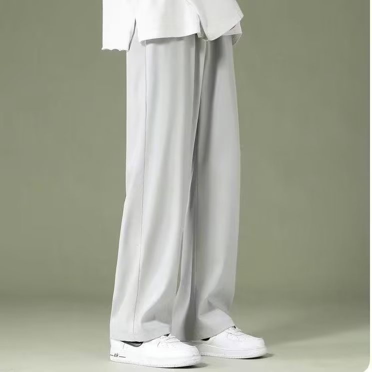 Quần Dài Vải Lụa Lạnh Mỏng Dáng Rộng Màu Đen Thời Trang Xuân Thu Cho Nam