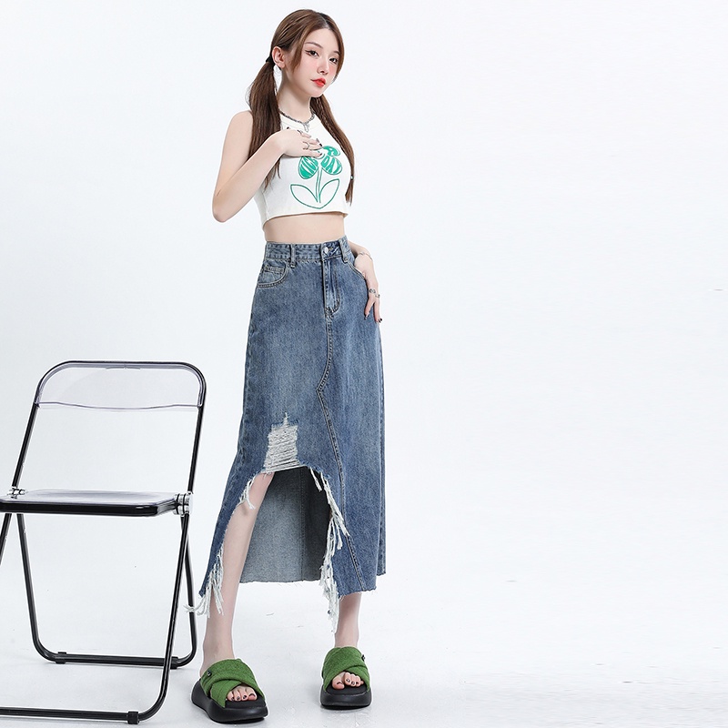 Chân Váy Denim Lưng Cao RENJIANVSHENG Thiết Kế Xẻ Rách Cá Tính