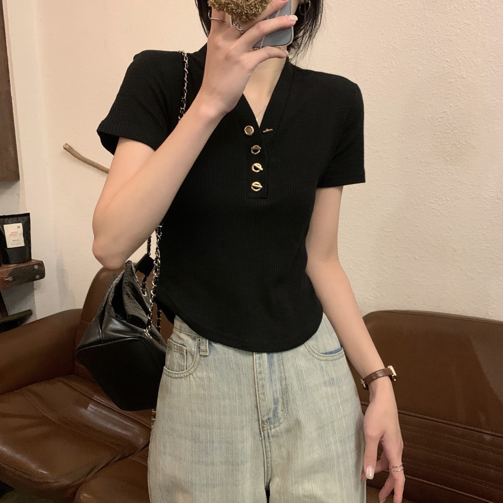 Áo Thun Ngắn Tay Cổ Chữ v Cài Nút Kim Loại Phong Cách Hàn Quốc Thời Trang Xuân Hè 62963