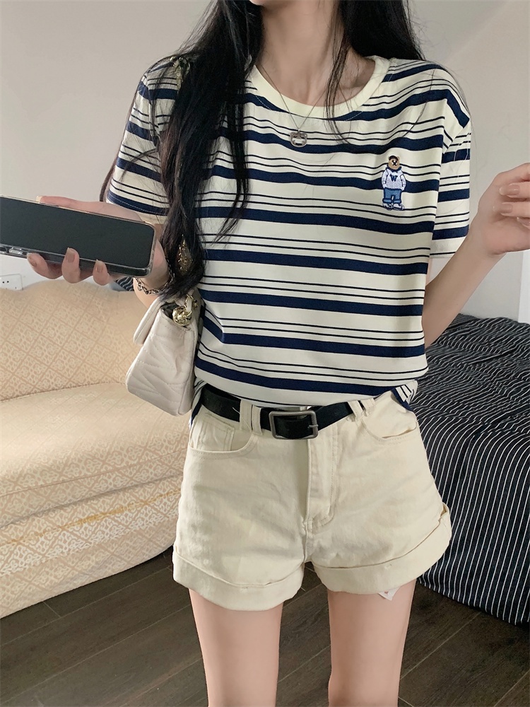 Áo Thun Tay Ngắn Sọc Ngang Thêu Hình Gấu Plus Size 64374