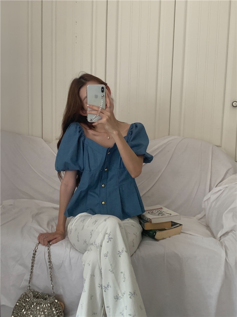 Áo Sơ Mi Denim Ngắn Tay Phồng Phối Nút Kim Loại 2 Màu Thời Trang Pháp Quý Phái 64898