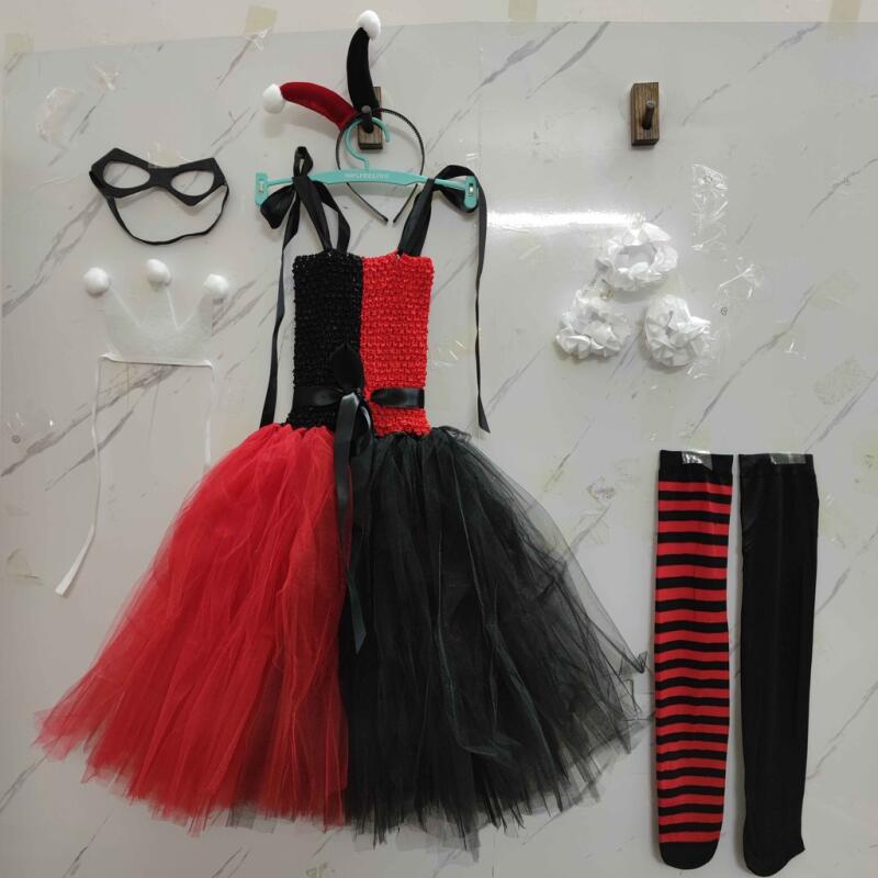 Harley quinn cosplay trang phục cho bé gái chú hề joker tutu dress cho trẻ em cô gái với băng đô vớ màu đen đỏ tiệc sinh nhật vestido